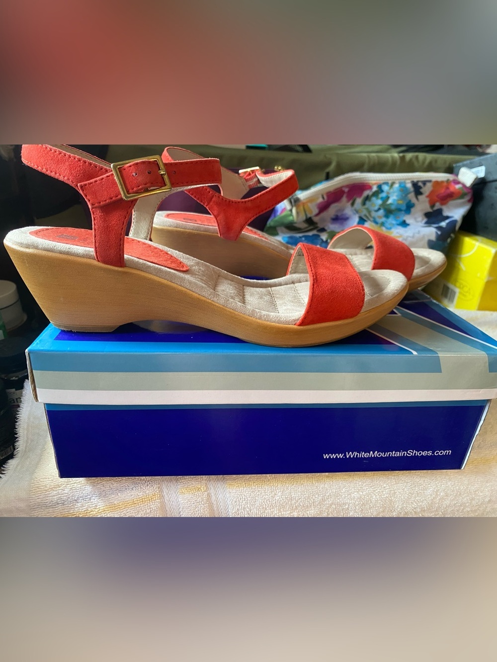 White Mountain Red Suede Ankle-Strap Wedge Sandals memory foam footbed 8 1/2